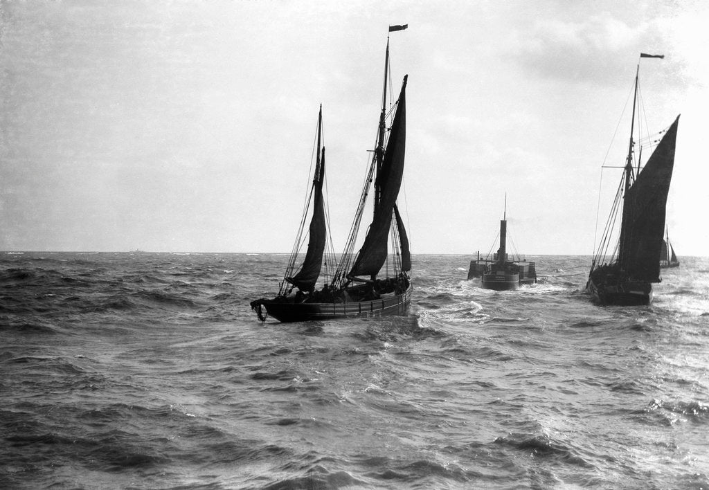 Detail of The dandy-rigged trawler 'Speranza' (1891) [LT431] under sail, with an unidentified trawler being towed by the paddle tug 'Imperial' (1879) at Lowestoft, Suffolk by Smiths Suitall Ltd.
