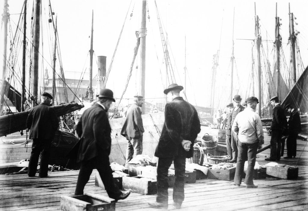 Detail of Unloading the catch in Lowestoft Harbour, with the South Pier Pavilion in the background by Smiths Suitall Ltd.
