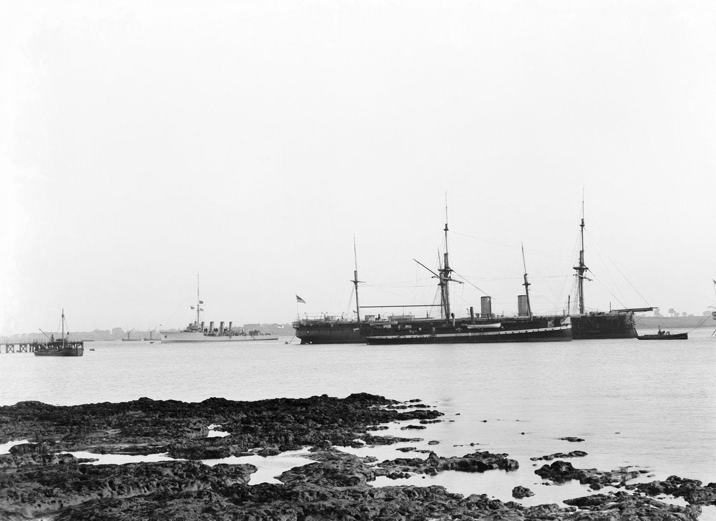 Detail of A view from Shotley with 'Adventure' (1904) and 'Ganges', ex 'Caroline' (1882) and 'Ganges II', ex 'Minotaur' (1863) at moorings by Smiths Suitall Ltd.