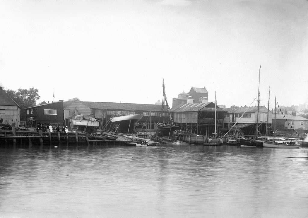 Detail of A view of the river frontage of the Harris boatyard taken from the Wivenhoe side of the River Colne by Smiths Suitall Ltd.