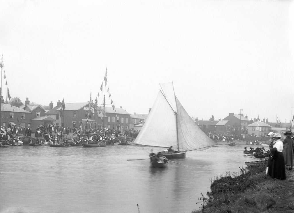 Detail of A view of the quay at Rowhedge during an unidentified festival, taken from the Wivenhoe side of the River Colne by Smiths Suitall Ltd.