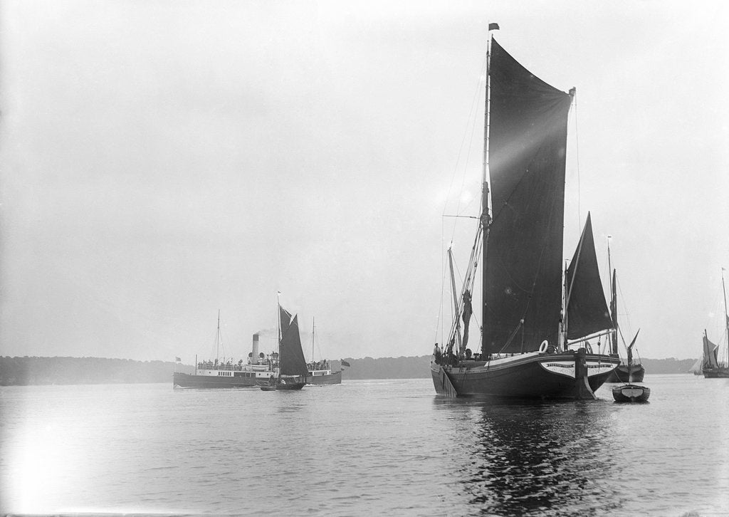 Detail of A view across the River Orwell from near Pin Mill with the spritsail barge 'Freston Tower' (1889) in the foreground by Smiths Suitall Ltd.