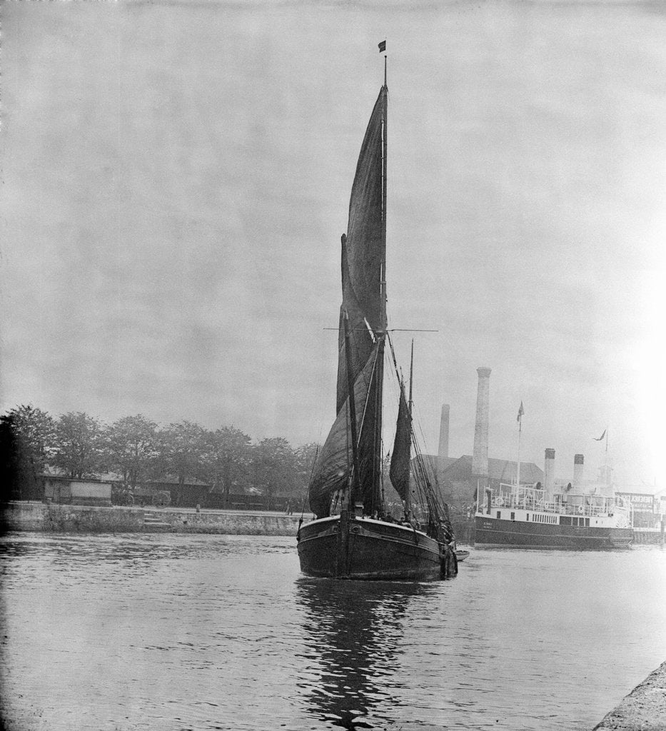 Detail of A view across the New Cut at Ipswich with an unidentified spritsail barge under sail leaving by Smiths Suitall Ltd.