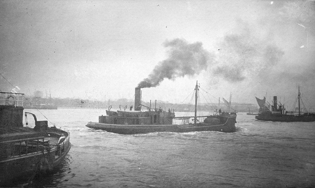 Detail of A starboard quarter view of 'Bullfinch' (1903) under way on the River Thames passing Woolwich by unknown
