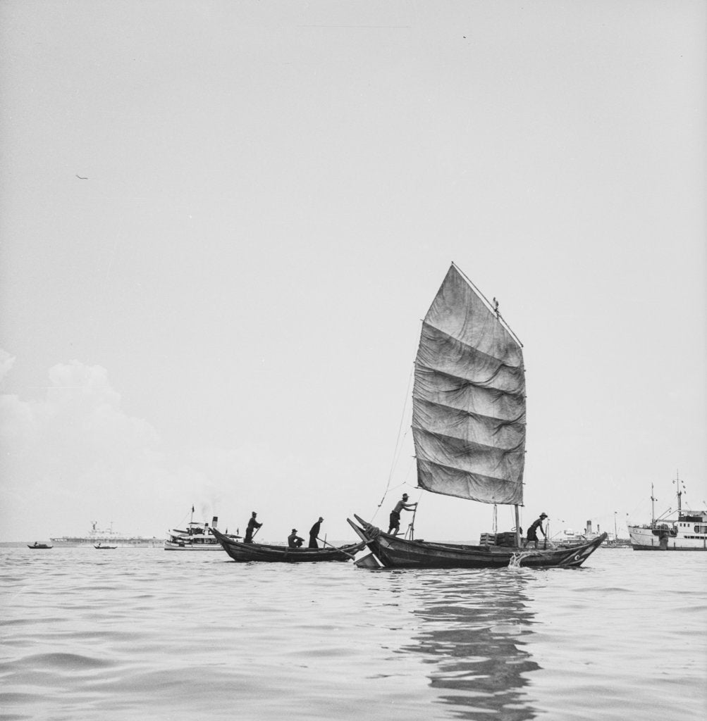 Detail of A sampan under sail and one being skulled in Penang harbour by David Watkin Waters
