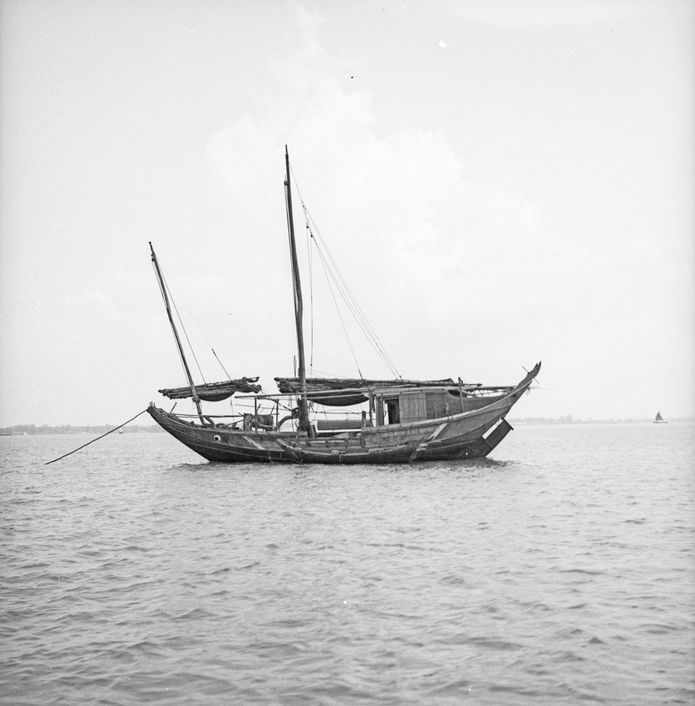 Detail of A port broadside view of a small fisher type junk anchored at Penang by David Watkin Waters