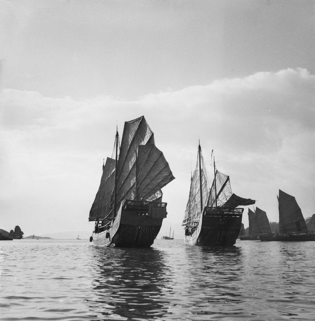Detail of Two Yeungkong fisher type junks under sail at Aberdeen, Hong Kong by David Watkin Waters