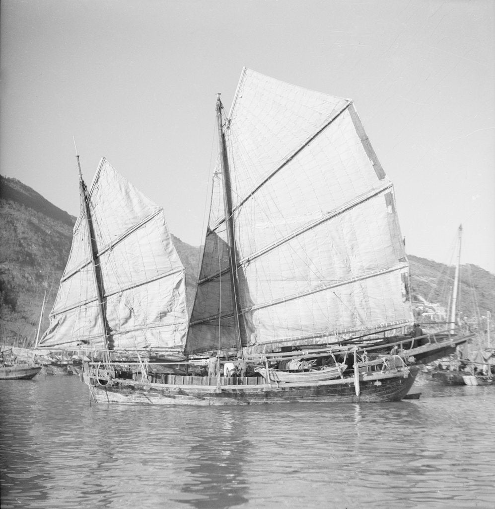 Detail of An Aberdeen fisher type junk under sail in Hong Kong harbour. by David Watkin Waters