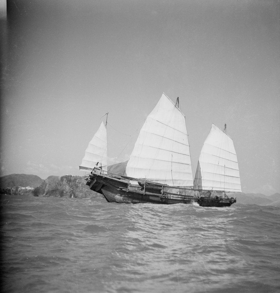 Detail of A starboard side view of a Hong Kong fisher d.w. type junk under sail at Hong Kong by David Watkin Waters