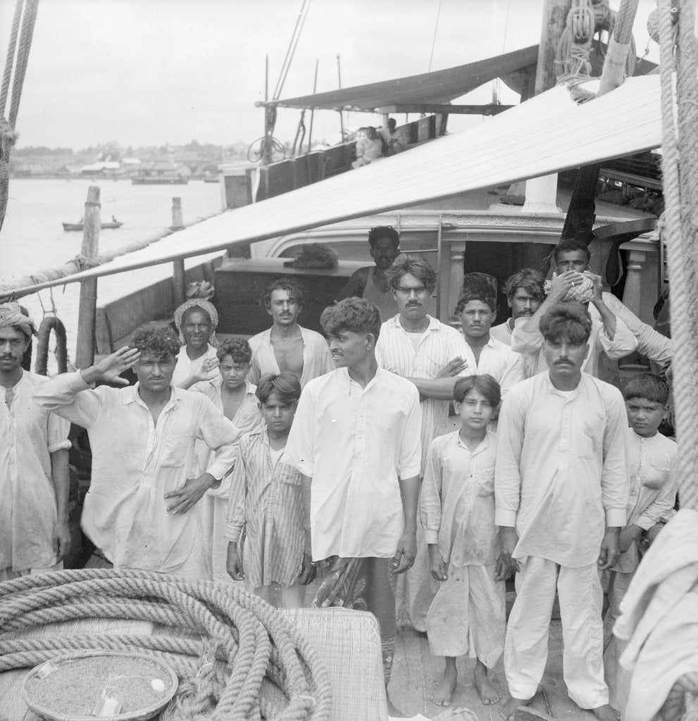 Detail of The captain and crew on board the Indian kotia type dhow Karimi (fl.1938) anchored at Colombo, Ceylon by David Watkin Waters