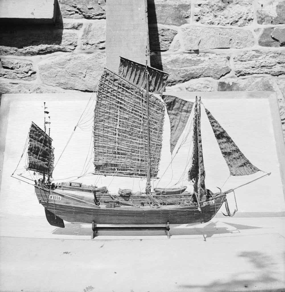 Detail of A starboard broadside view of as model of the Antung trader type junk 1938 on a display stand at Liu Kung Tao near Weihaiwei by David Watkin Waters