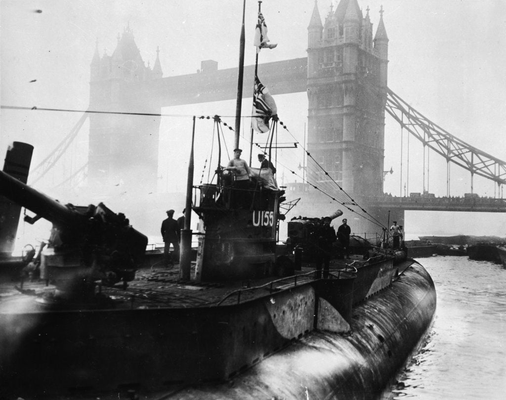 Detail of Glass plate negative depicting the U155 at Tower Bridge by unknown