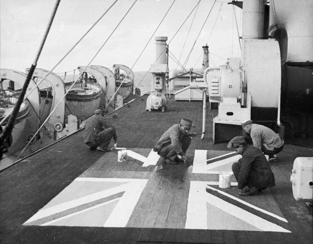 Detail of Lascars ' Asian seamen ' painting a Union flag on the deck of the P&O liner 'Chitral' by unknown