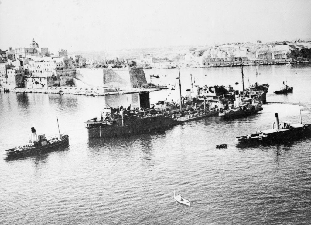 Detail of Tanker 'Ohio' (Br, 1940) under tow in Grand Harbour, Malta, with heavy damage received during Operation Pedestal by unknown