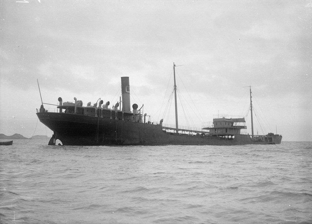 Detail of A starboard quarter view of the US tanker 'Gulflight' (1914) after having been torpedoed by Gibson's of Scilly Shipwreck Collection