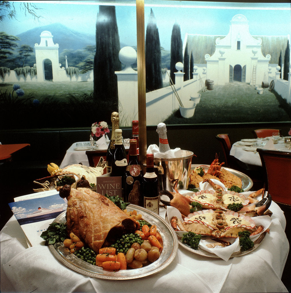 Detail of Dinner table spread aboard Union-Castle liner 'Transvaal Castle' by Marine Photo Service