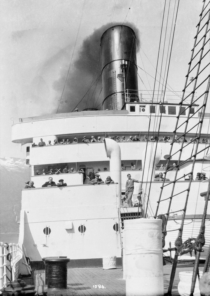 Detail of Decks and funnel view of 'Caronia' by Marine Photo Service