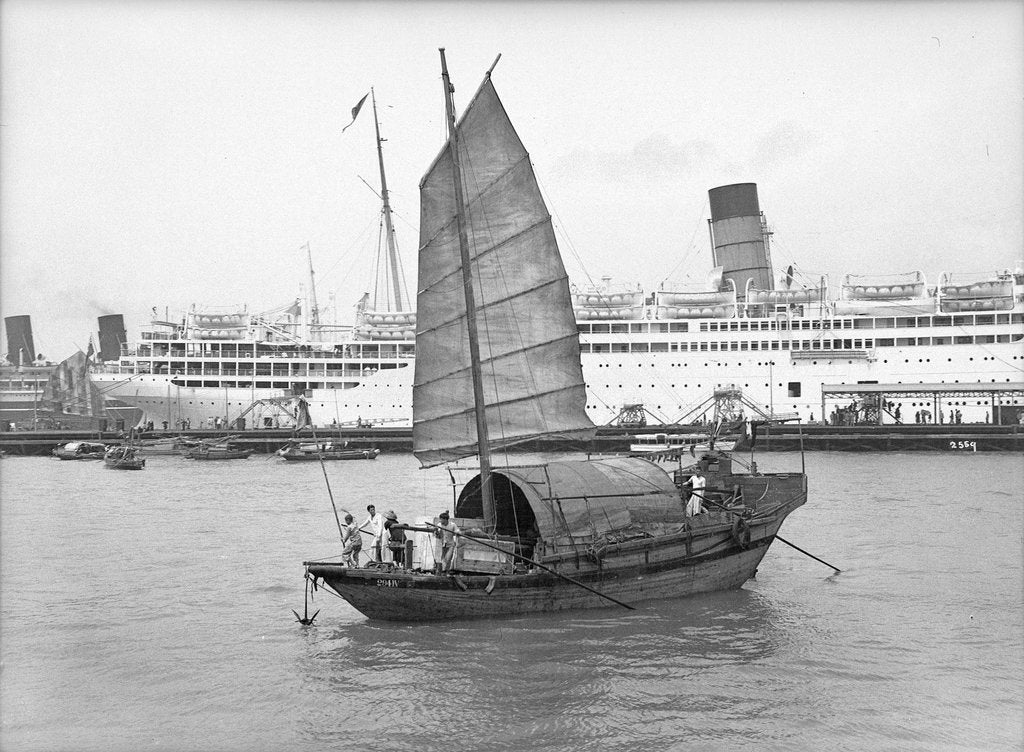 Detail of A junk in Hong Kong harbour, 1933 by Marine Photo Service