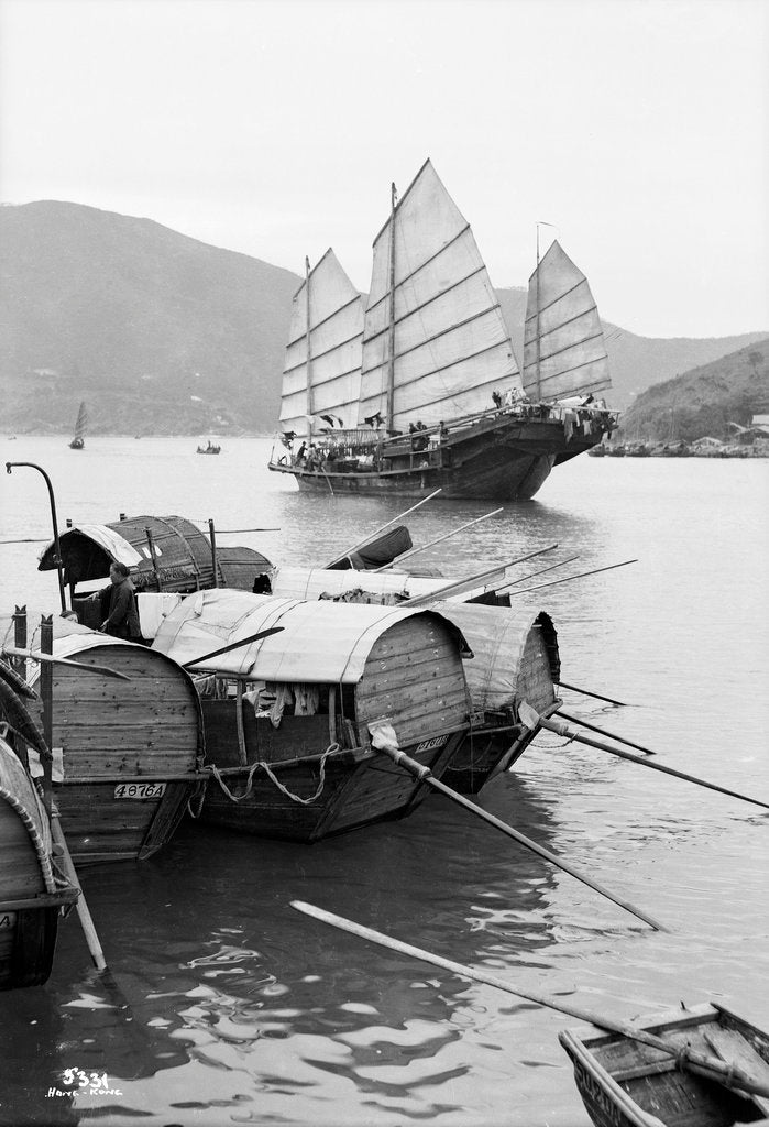Detail of Sampans and a fishing junk, Hong Kong, 1935 by Marine Photo Service
