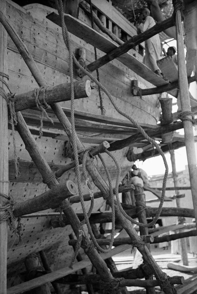 Detail of The simple but effective scaffolding of a boom under construction by Alan Villiers
