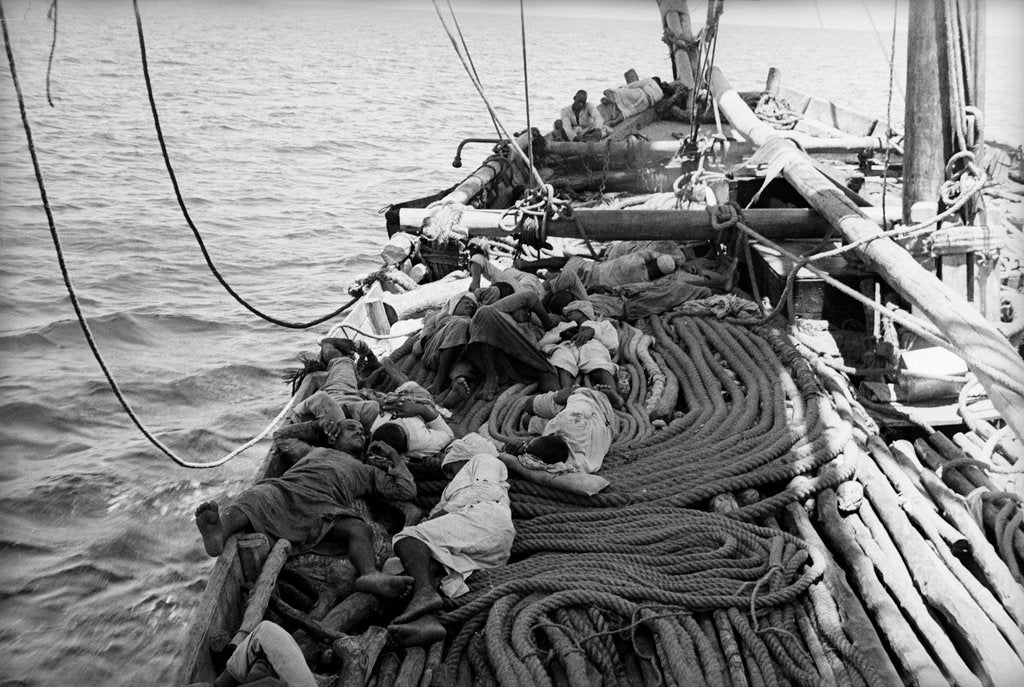 Detail of With the 'Triumph' paced to the gunwales with mangrove poles for the voayage home to the Gulf, her crew had to sleep where they could by Alan Villiers