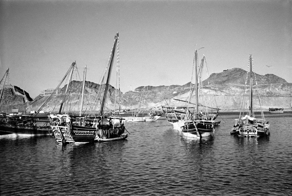 Detail of Zarooks and sambuks ride at anchor, Ma'alla, Aden by Alan Villiers