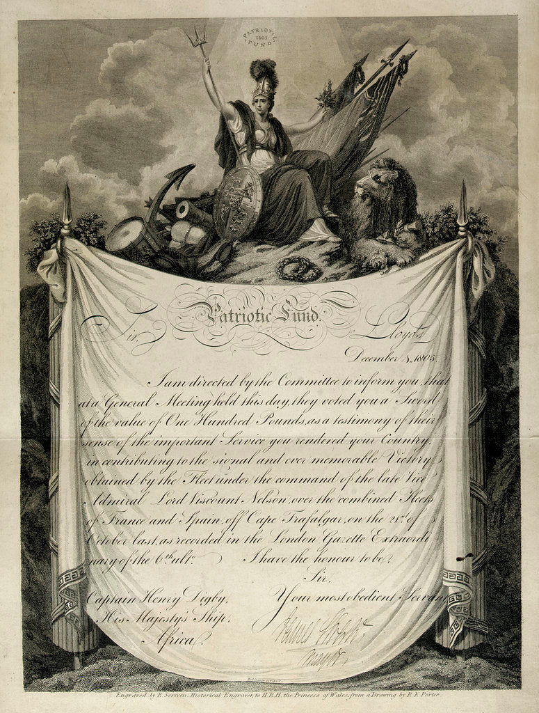 Detail of Lloyds Patriotic Fund Certificate presenting a sword to captain Henry Digby, 4 December 1805. by Edward Scriven