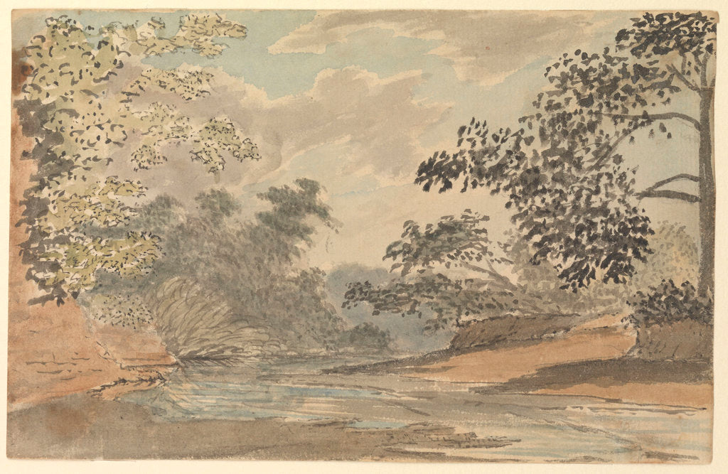 Detail of View up a river with wooded banks by Gabriel Bray