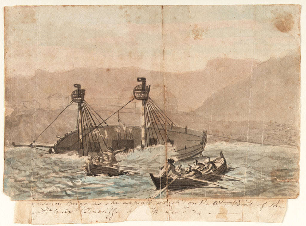 Detail of [The E]xpedition Brigg as she appeared wreck'd on the W[este]rn Point of the [island] of Sta Cruiz Teneriffe A[dV pr ]GB - December 1774 by Gabriel Bray