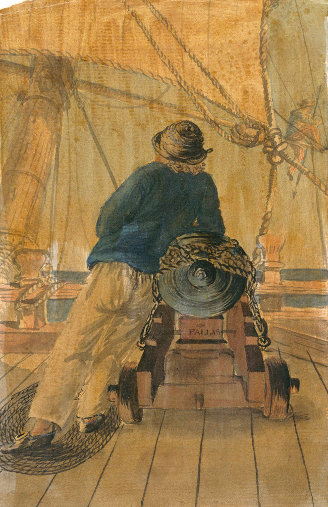 Detail of Seaman leaning on a gun on the 'Pallas' by Gabriel Bray