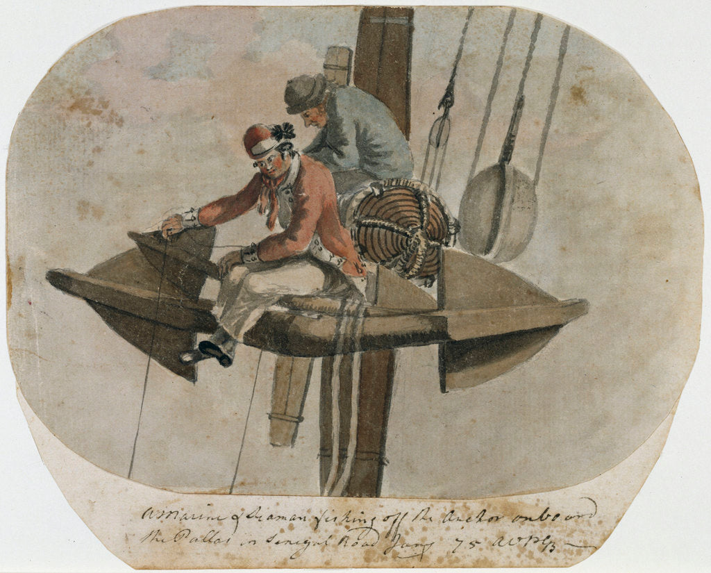 Detail of A Marine & Seaman fishing off the Anchor on board the Pallas in Senegal Road by Gabriel Bray