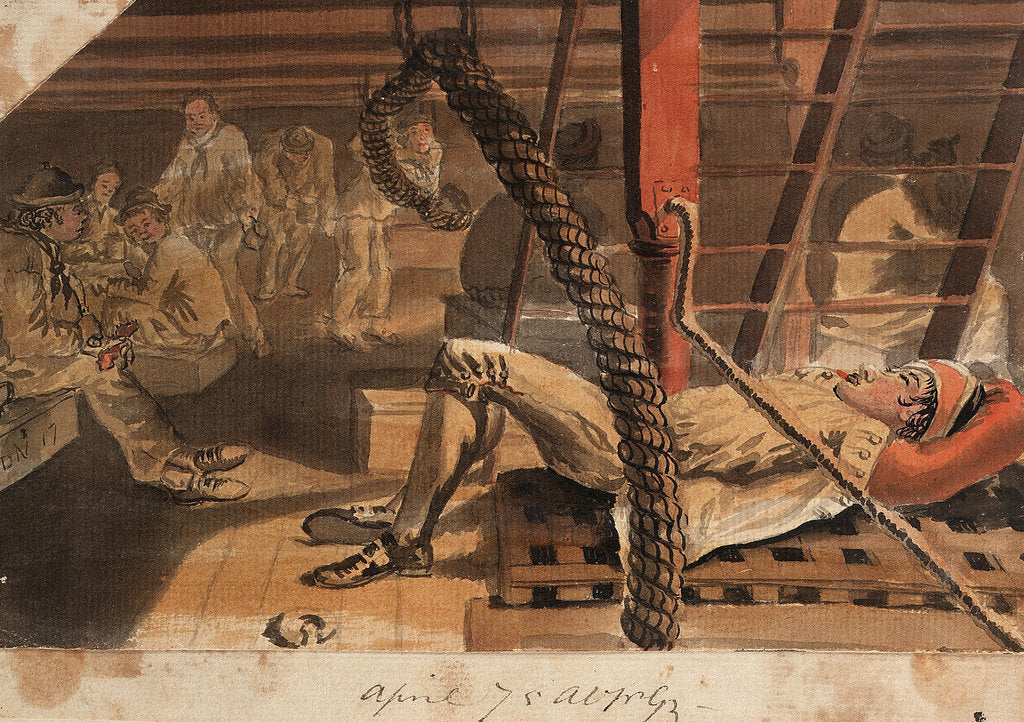 Detail of A Marine asleep beneath a companionway on the 'Pallas' by Gabriel Bray