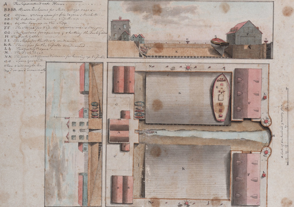 Detail of Plan and two sections of a proposed dockyard, possibly at Deal by Gabriel Bray