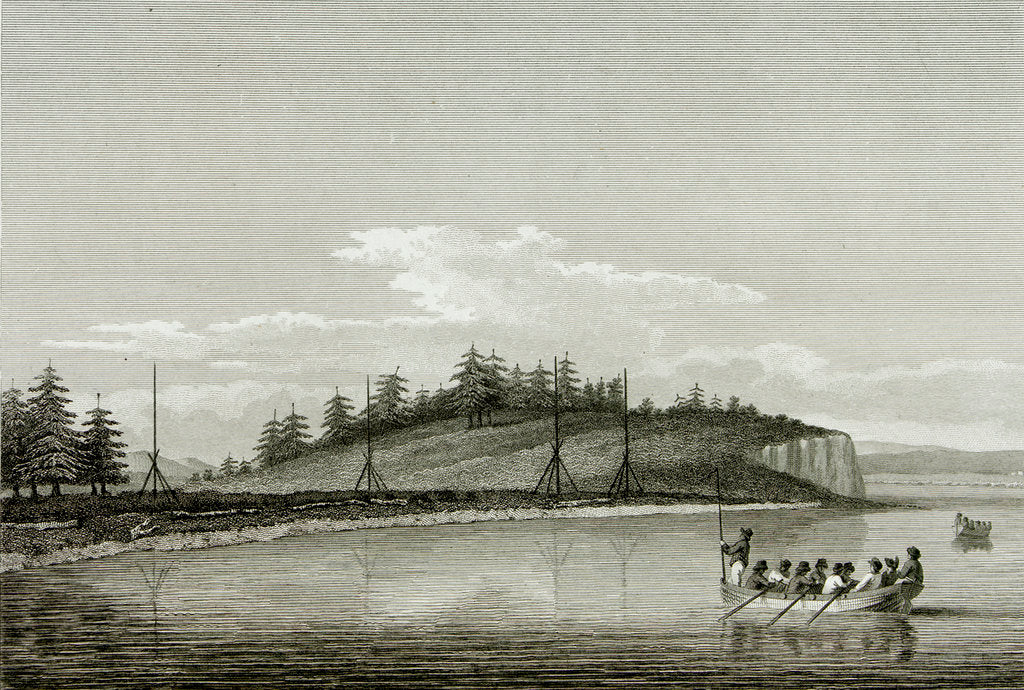 Detail of Naval launch approaching a shoreline covered with fir trees by unknown