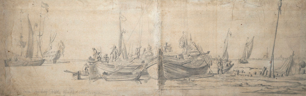 Detail of Two kaags ashore on the end of a hard by Willem van de Velde the Elder