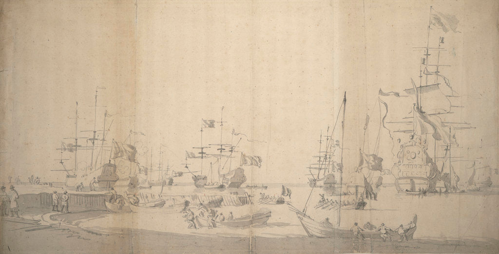 Detail of A weyschuit being hauled ashore in a crowded harbour by Willem van de Velde the Elder