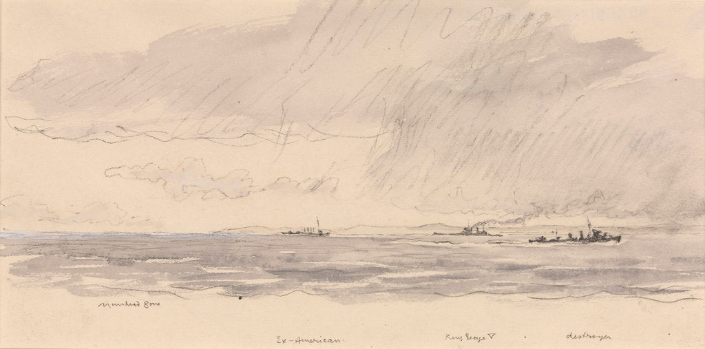Detail of HMS 'King George V' at sea, edge of a storm by Muirhead Bone