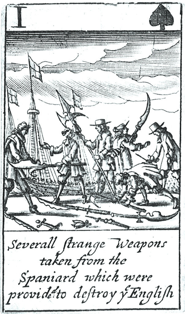 Detail of 1588 Armada Playing Cards, I of Spades. 'Severall Strange Weapons taken from the Spaniard which were provided to destroy ye English' by unknown
