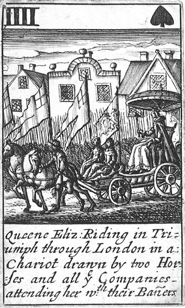 Detail of 1588 Armada Playing Cards, IIII of Spades. 'Queene Eliz. Riding in Triumph through London in a Chariot drawn by two Horses and all ye Companies attending her wth their Baners' by unknown