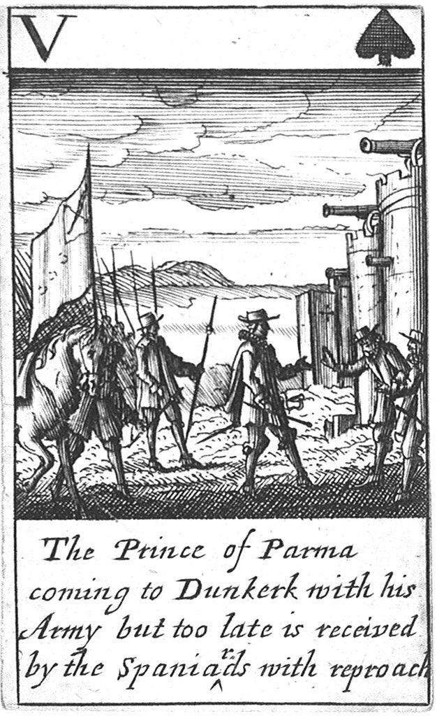 Detail of 1588 Armada Playing Cards, V of Spades. 'The Prince of Parma coming to Dunkerk with his Army but too late is received by the Spaniards with reproach' by unknown