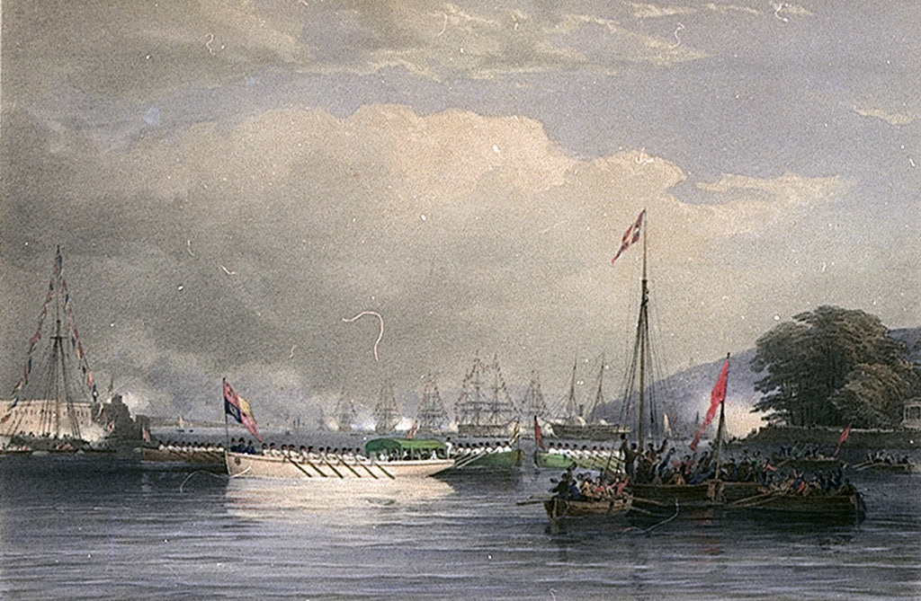 Detail of Her Majesty and Prince Albert, Proceeding in the State Barge to land at the Royal Dockyard, Devonport by Nicholas Condy