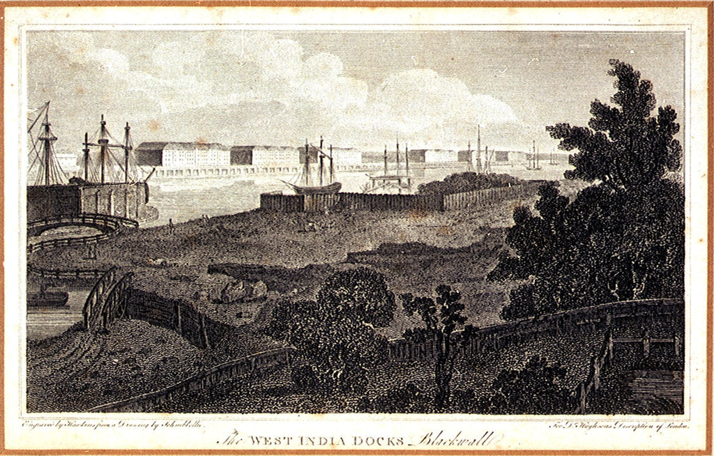 Detail of The West India Docks, Blackwall. For Dr Hughson's Description of London by Robert Bremmel Schnebbelie