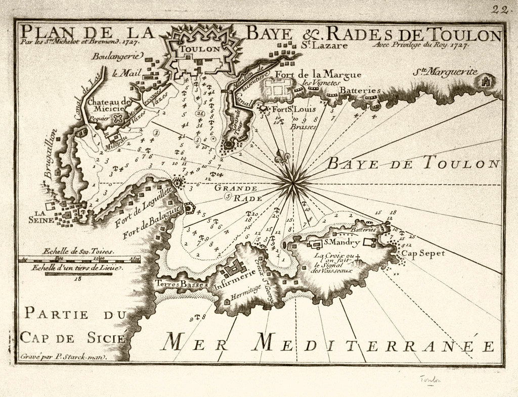 Detail of Plan de la Baye & Rades de Toulon Par les Srs Michelot et Bremond, 1727 Avec Privilege du Roy. 1727' by P. Starckman