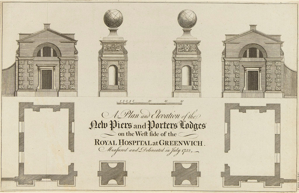 Detail of A Plan and Elevation of the New Piers and Porters Lodge on the West side of the Royal Hospital at Greenwich. Measured and Delineated in July 1752 by James Basire