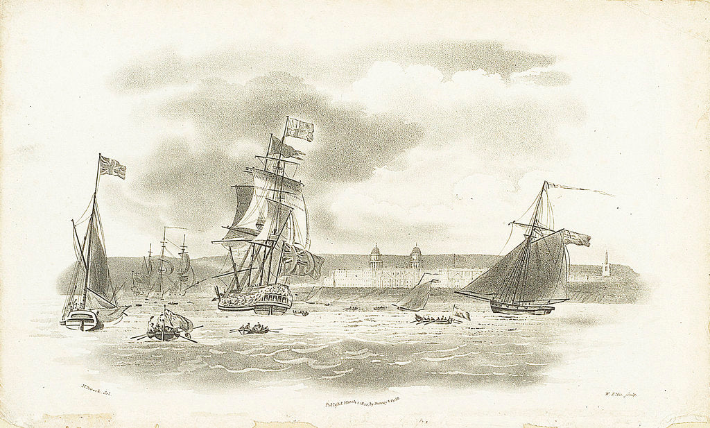Detail of Greenwich Hospital in the distance, with the 'Augusta', royal yacht, 5 April 1795 by Nicholas Pocock