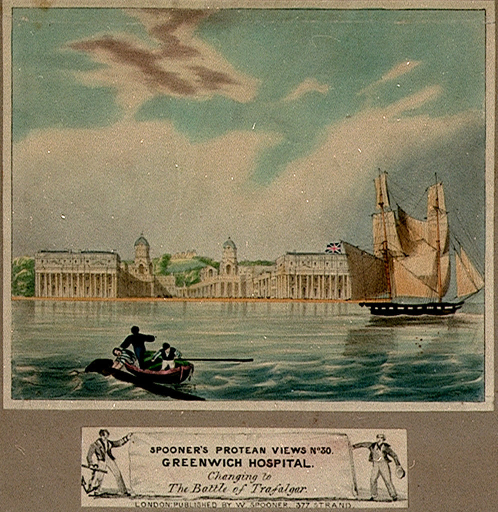Detail of Spooner's Protean views No 30. Greenwich Hospital, Changing to The Battle of Trafalgar by William Spooner
