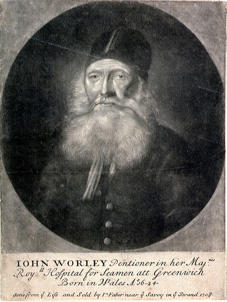 Detail of Iohn Worley Pentioner in her Majties Royll Hospital for Seamen att Greenwich Born in Wales Ao 16-24 done from ye Life and Sold by In Faber near ye Savoy in ye Strand 1709 by James Thornhill