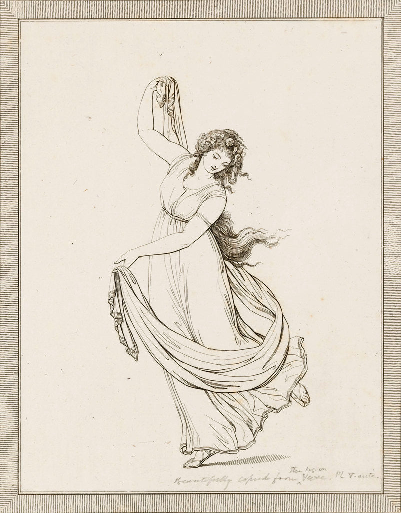 Detail of Emma, Lady Hamilton, in a classical pose, dancing and poised on her right foot by Frederick Rehberg