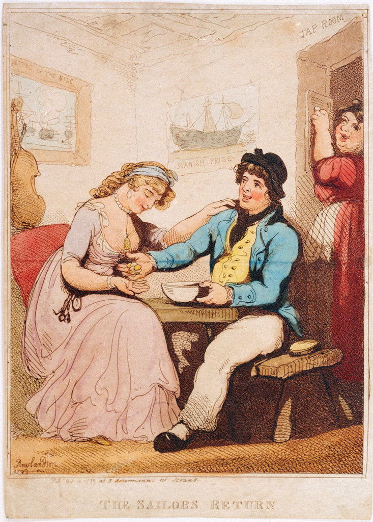 Detail of 'The Sailor's Return' (caricature): money changes hands in a tavern of uncertain morals by Thomas Rowlandson