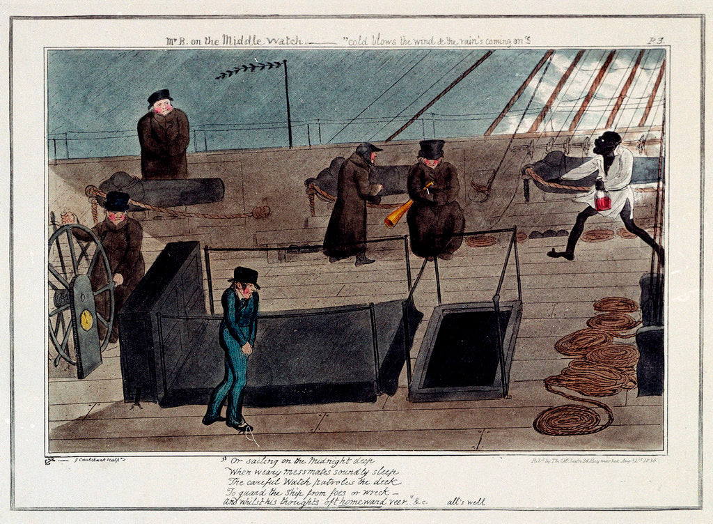 Detail of Midshipman Blockhead, Mr B on the Middle Watch, cold blows the wind & the rains coming on by George Cruikshank